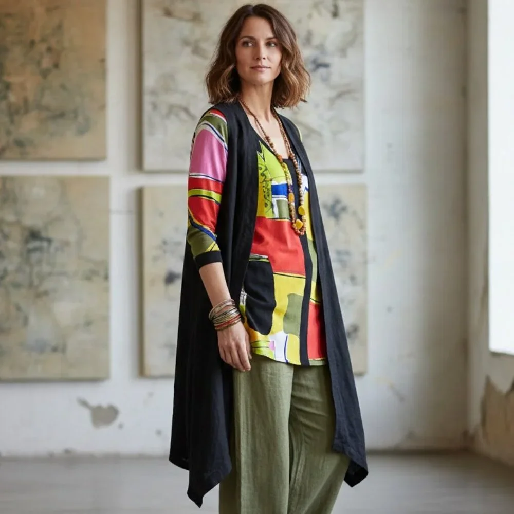 Eva Varro Tunic Top Abstract Print Colorful Art-to-Wear Slinky Lagenlook size M